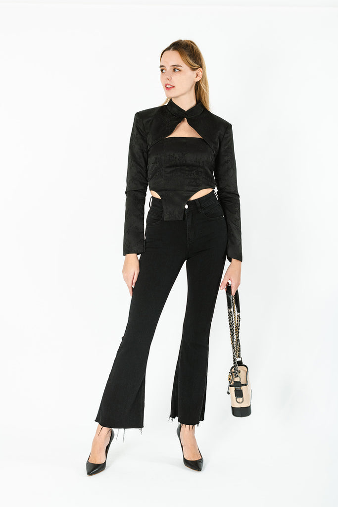 Marrleigh Chinese Stand Collar Cropped Jacket & Cut Out Crop Top Set