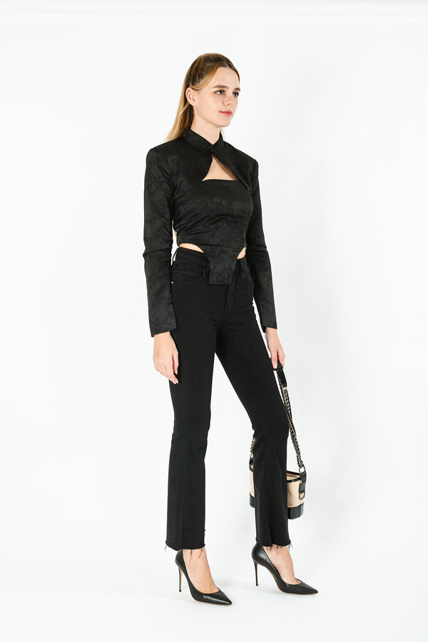 Marrleigh Chinese Stand Collar Cropped Jacket & Cut Out Crop Top Set