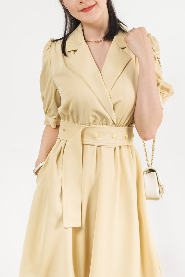 Blazer Dress With Short Puff Sleeves And Notch Lapel Collar