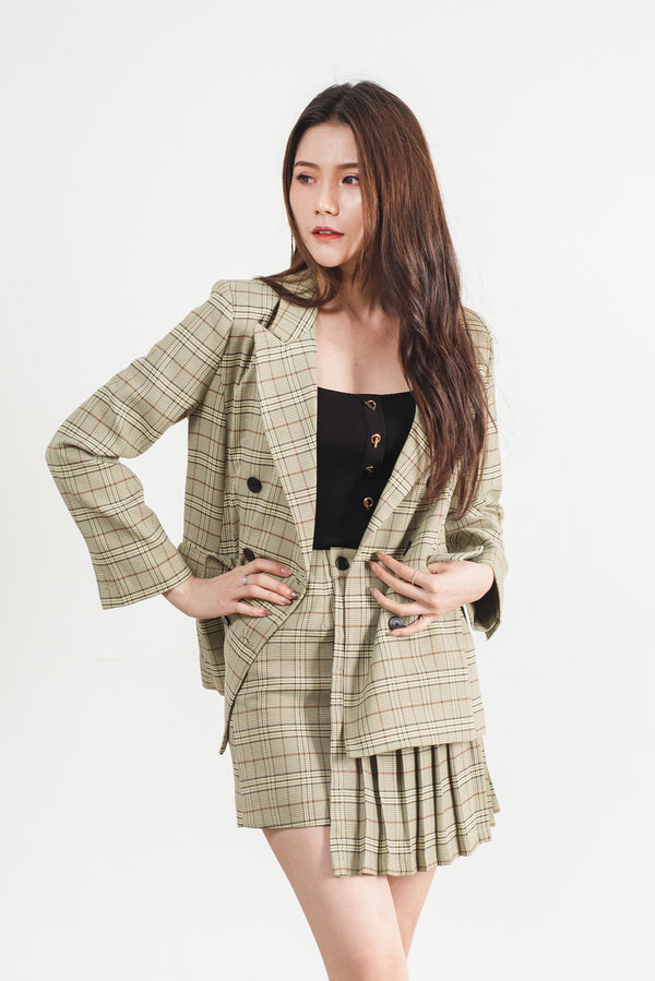 Double Breasted with Grid Print Blazer & Skirt Set
