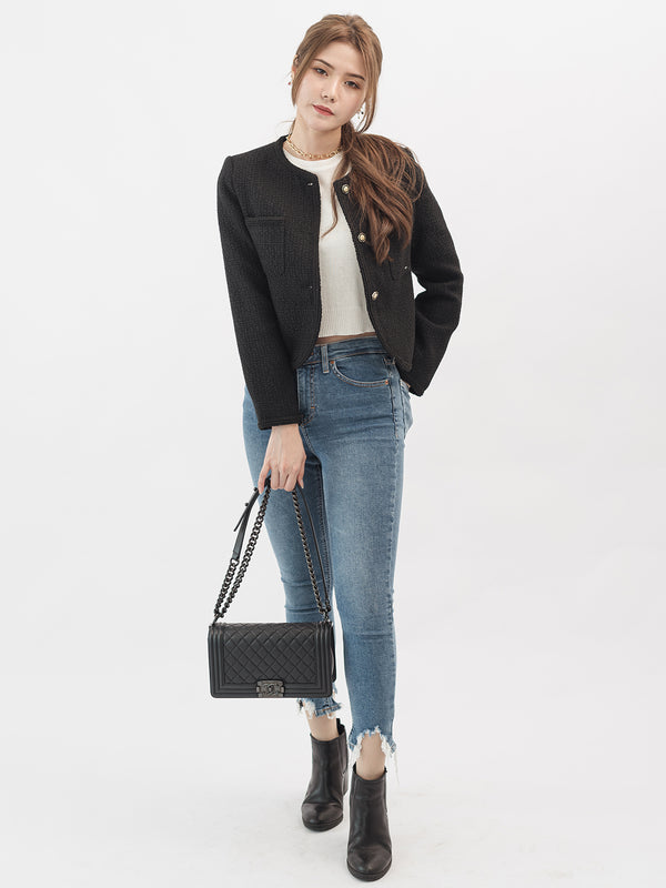 Tweed Buttoned Detail Trim Jacket